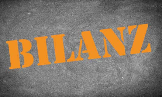 Das Wort "Bilanz" in Stencil-Buchstaben auf einer Tafel